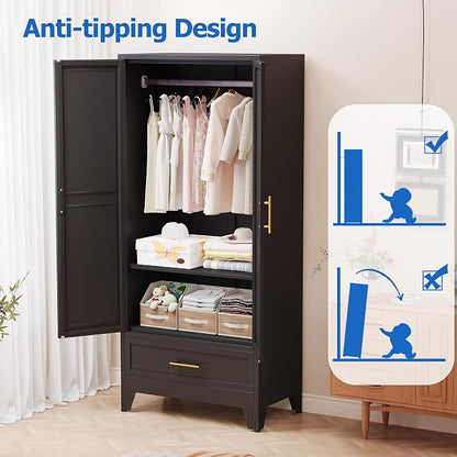 GAIOUS Steel Armoire Wardrobe Closet with Mirror Door and Drawer 71" Black | Household Wardrobe Cabinet with Hanging Rod, Metal Clothing Storage Cabinet with Adjustable Shelf for Bedroom, Cloak, Gym
