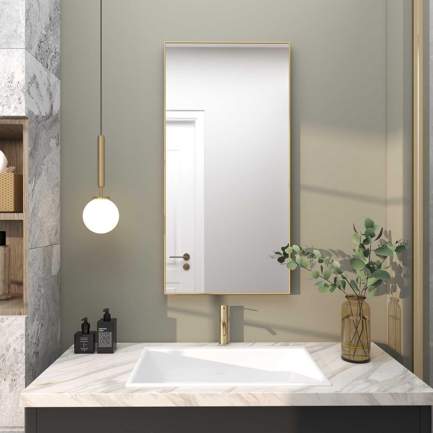 Deco 79 Wooden Room Wall Mirror Entryway Mirror with Thin Frame, Wall Mounted Mirror 18" x 1" x 36", Gold