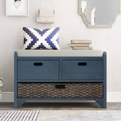 Brisca Wood Storage Bench with 1 Removable Basket and 2 Drawers,Fully Assembled Shoe Stool,W/Removable Cushion,for Hallway,Entryway,Bedroom,Living Room,Navy