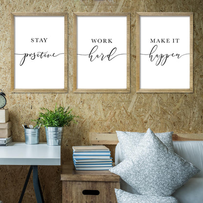 RLWangChao Inspirational Quotes Wall Art Decor 11"X16" 3 Piece Modren Office Stay Positive Work Hard Make It Happen Motivational Wood Framed Sign Living Room Positive Wall Hanging Decoration (Wood)