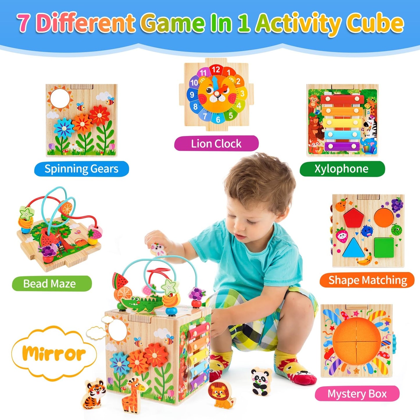 KMTJT Wooden Activity Cube Toddler Toys 12-18 Months, 7-in-1 Montessori Learning Toys for 1 2 Year Old Boys Girls, Bead Maze Sensory Toy, First 1st Birthday Gifts with Sorting & Stacking Board (Pink)