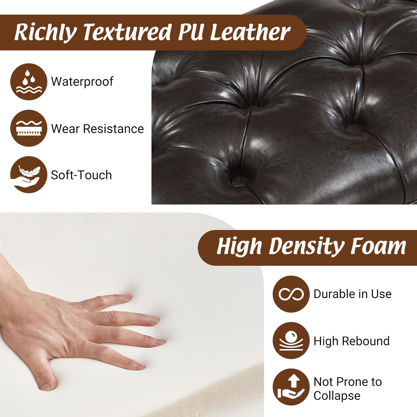 Christopher Knight Home Ionia 54'' Button-Tufted PU Leather Upholstered End of Bed Ottoman with Nailhead Trim, Wooden Living Room Ottoman Bench, Long Entryway Bench with Curved Armrest, Dark Brown