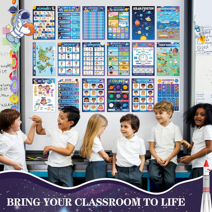 Funrous 18 Pcs Space Educational Posters for Classroom Decorations Preschool Kindergarten Elementary Toddlers Prek Learning Chart Material Us World Map, Abc Alphabet, Shapes, Numbers, Days of The Week