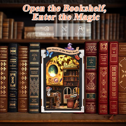 Book Nook Kit Magic Book of Mirrors Wooden Dollhouse， DIY Tiny House Miniature with LED Light, Fantasy Wooden Decor Display for Adults, Tiny Homes to Live in for Bookshelf, Battery Not Included