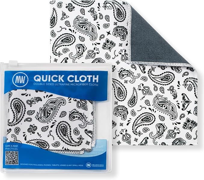 Quick Cloth Microfiber Glasses Cleaning Cloths – 8x8, Paisley White, 1 Pack