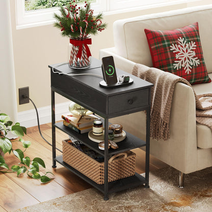 WLIVE Narrow Side Table with 2 USB Ports and 2 Outlets, Flip Top Black End Table with Drawer and Storage Shelves, Small Nightstand with Charging Station for Living Room/Bedroom