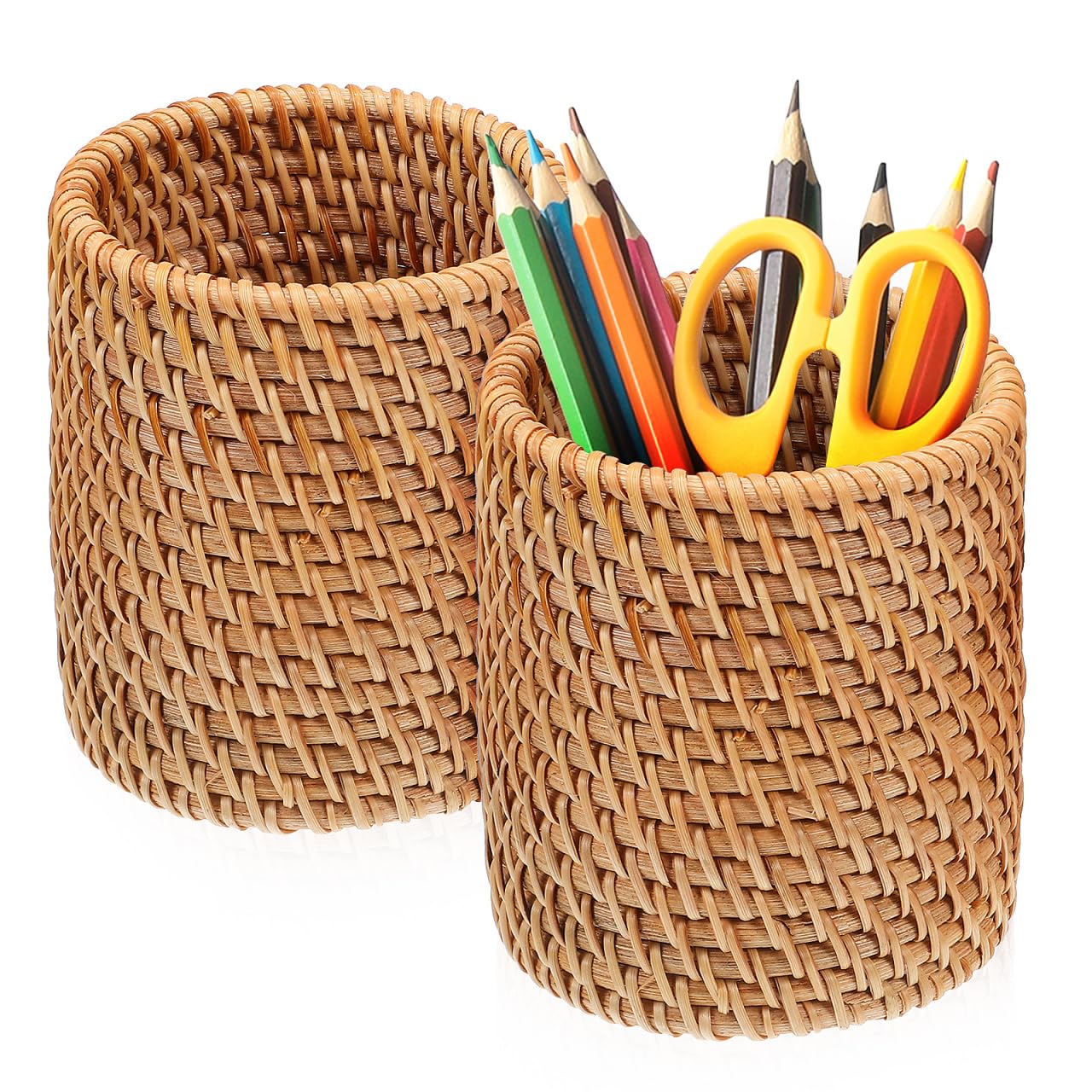 SEWACC 2pcs Rattan Pencil Holder, Handmade Wicker Pen Cups, Boho Pencil Organizer, Makeup Brush Storage for Desktop, Home Office Use