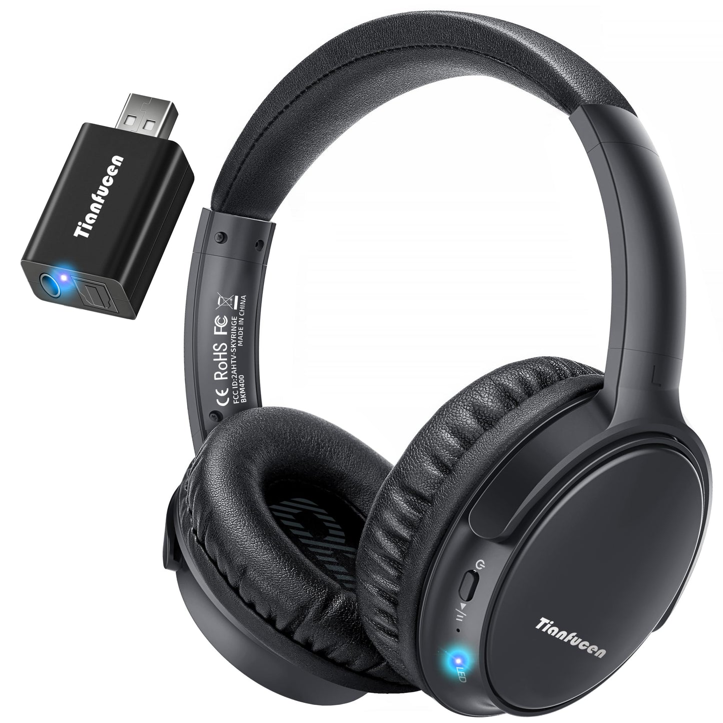 Tianfucen Wireless Headphones for TV Watching, BKM400 Bluetooth TV Headphones Wireless for Seniors with USB Transmitter, 20hrs Playtime, No Audio Delay, Higher Volume, 165FT Range, Black
