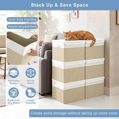 Bagnizer Large 17" 42 Quarts Collapsible Stackable Storage Bins with Lids [3-Pack] Foldable Fabric Linen Storage Boxes Cube, Closet Organizer Baskets with Label (16.7 x 12 x 12, Beige & White)