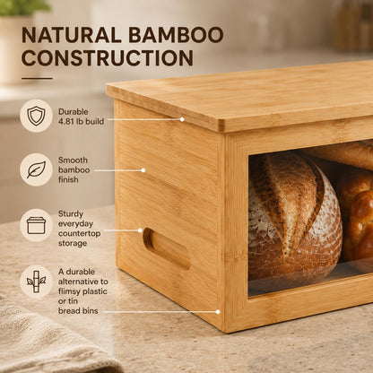 Inspera Bamboo Bread Box with Cutting Board Lid – Large Wooden Kitchen Countertop Storage Bin for Loaves and Pastries – Clear Acrylic Window Display – 15.4 x 9.9 Inch
