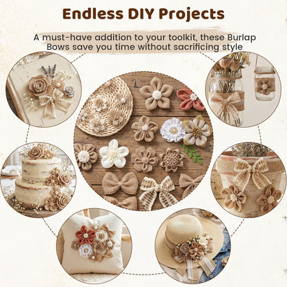 VGOODALL 32 PCS Natural Burlap Flowers Set, Burlap Bows and Scrapbook Embellishments for Wedding Party Decor Home, Embellishments for Crafts
