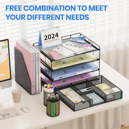 Desk Organizer and Accessories, 4-Tier Desktop File Organizer with Drawer and 2 Pen Holders, Office Desk Accessories for Office Supplies(Black)