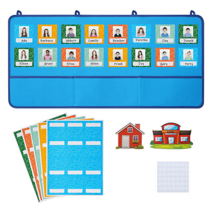 Attendance Pocket Chart for Preschool Classroom Large Wall Organization, Blue Felt Board Pocket Charts for Teachers, Kindergarten Kids Daycare Teaching Supplies, 74 Cards with 78 Magic Hooks