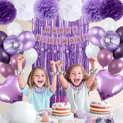 Purple Birthday Decorations for Women, Happy Birthday Party Decorations, Happy Birthday Banner, Purple Balloons, Foil Fringe Curtains, Tissue Paper Pompoms, Heart Garland, Party Decor for Girls