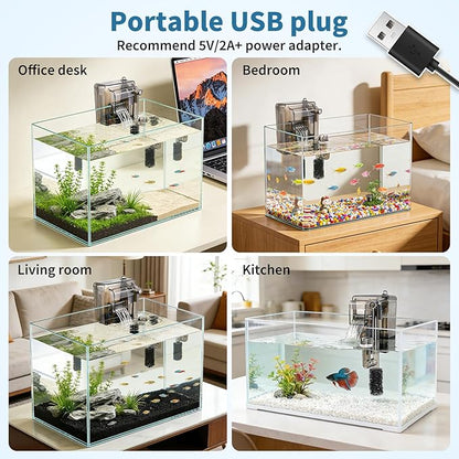 Small Fish Tank Filter for 3-5 Gallon Aquarium, USB Powered Quiet Hang On Back Filter with Upgraded 3-Stage Filtration System (Sponge & Quartz Balls), Adjustable Flow & Extra Media Set Included