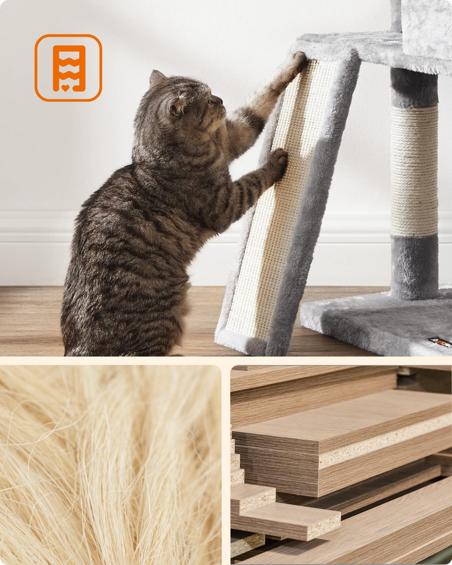 Feandrea Cat Tower, Cat Tree for Indoor Cats, 45.3-Inch Cat Condo with Scratching Post, Ramp, Perch, Spacious Cat Cave, for Kittens, Elderly Cats, Adult Cats, Small Space, Light Gray UPCT141W01
