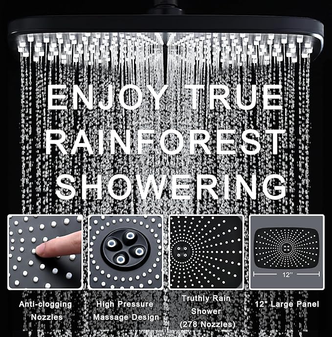 BOZYBO Rain Shower Head with Handheld: High Pressure Shower Heads with Handheld Spray Combo, 12" Rainfall Shower Head and 9 Sprays Hand Showerheads with Magnetic Docking and Power Jets, Black 1.75GPM