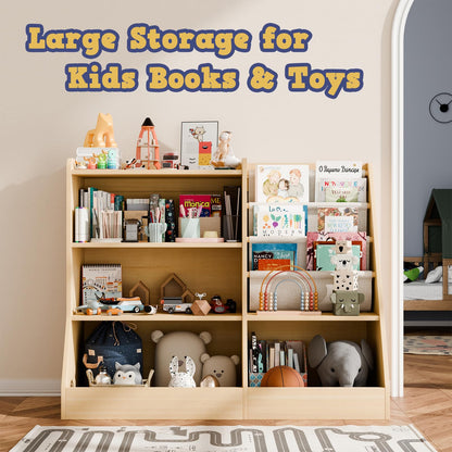 IKALIFE 39" Large Kids Wooden Bookshelf and Toy Storage Organizer, Baby Bookcase with Sling Book Rack, Children Toddler Wooden Book Shelf for kids rooms, Playroom, Classroom, Nursery, School (Natural)