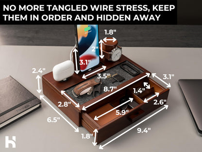 Holme & Hadfield Premium Wooden Phone Docking Station with Drawer – Nightstand Organizer for Charging Phone & Earbuds – Declutter Your Space with Felt-Lined Protection & Watch Pillar - Gift for Men