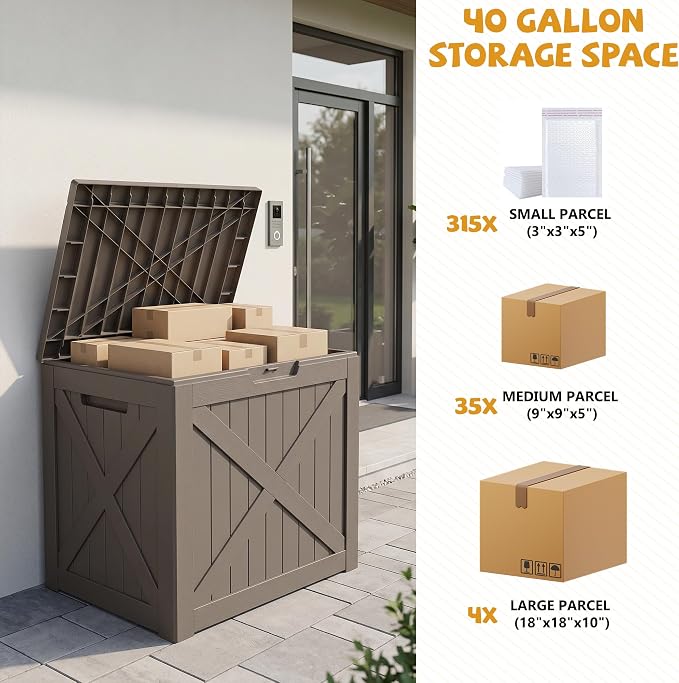 40 Gallon Package Delivery Boxes for Outside, Resin storage box with an X-shaped design, Storage Cabinet for Parcel Shipping & Storage