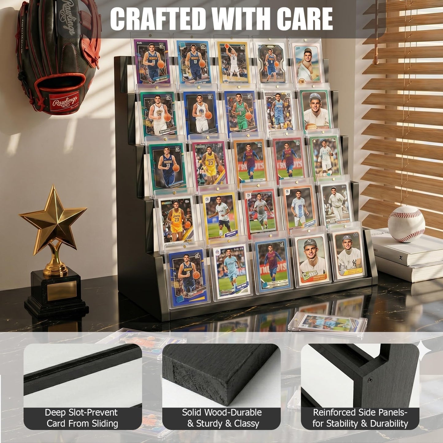5 Tier Wooden Card Display Stand – Vertical Card Holder Display for Trading Cards, Game Cards, Sports Cards, Graded PSA/BGS/SGC, Baseball, Basketball&Football(Soccer) Card Stand, Desk & Shelf Organize,Black