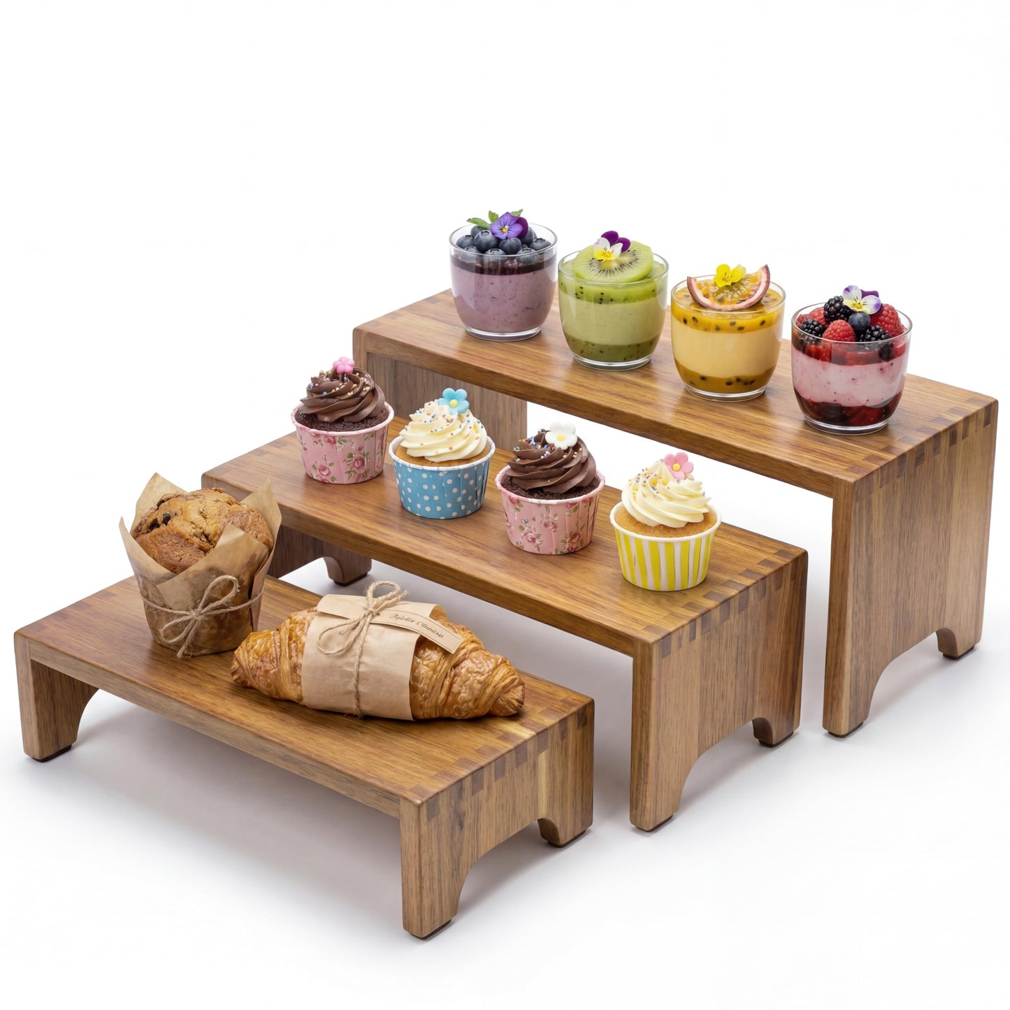ZUJJAFY Set of 3, Acacia Wood Risers Display Stands, Cupcake Stand Decorative Display Risers for Food Desserts, Tiered Wooden Riser Display Stands for Vendor Events, Party, Wedding