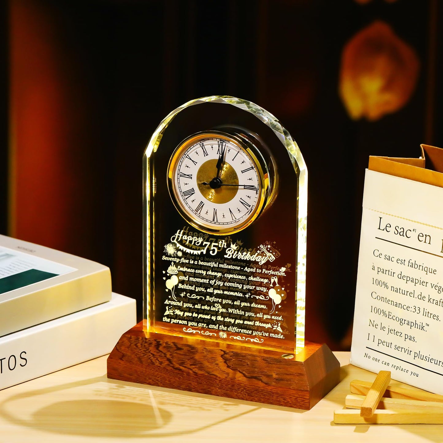 Arikyrist Happy 75th Birthday Glass Clock Gifts for Women, Men - 75 Year Old Birthday Gift with Wooden Light Base for Her Him, Turning 75 Quartz Clock Gift Idea for Parents Unique Desk Decoration