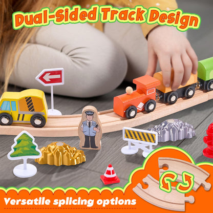 Wooden Train Set 102-Piece for Toddlers Kids Ages 3-8, Double-Sided Expandable Train Track with Puzzles & Magnetic Crane Toys, STEM Railway Playset Gifts Compatible with Major Brands for Boys Girls