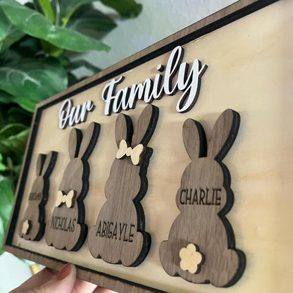 Personalized Bunny Family Sign – Custom Wooden “Our Family” Easter Bunny Name Plaque, Rustic Layered Rabbit Home Decor for Spring, Mantel, Shelf, Farmhouse Gift for Mom & Family 1