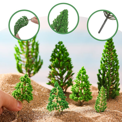 Thiccywoov 40 Pcs Diorama Supplies Kit Include 32 Miniature Trees 1.2-6.2 Inch Mini Mixed Model Plastic Fake Architecture 8 Bags Scenery Basing Material Kit for DIY Craft(Scenery Trees)