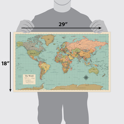 2 Pack - World Map Poster & USA Map Chart [Tan/Color] (LAMINATED, 18” x 29”)