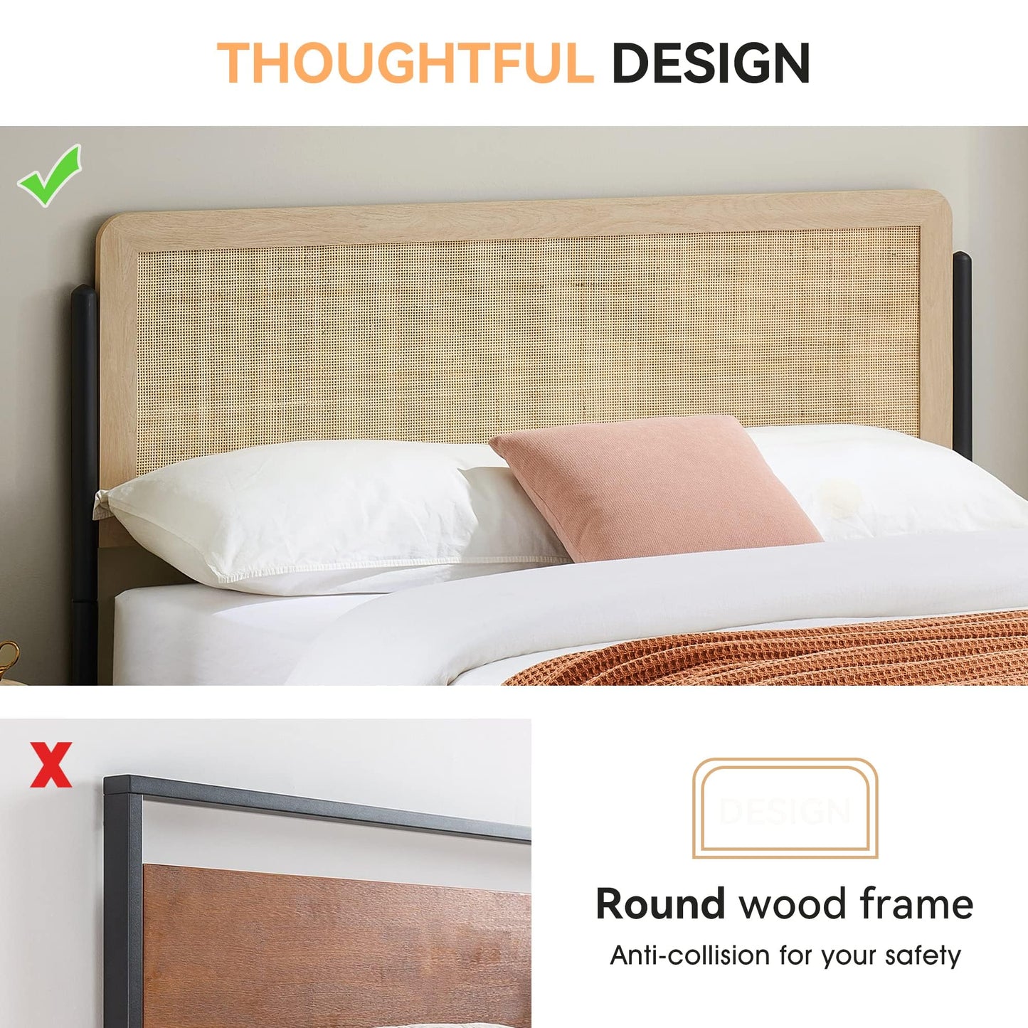 GAOMON Full Size Bed Frame with Natural Rattan Headboard and Wooden Footboard, Heavy Duty Metal Platform Bed Frame with Storage, Mattress Foundation Easy Assembly No Box Spring Needed, Rattan