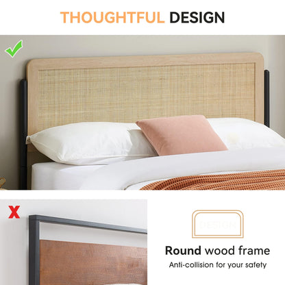 GAOMON Full Size Bed Frame with Natural Rattan Headboard and Wooden Footboard, Heavy Duty Metal Platform Bed Frame with Storage, Mattress Foundation Easy Assembly No Box Spring Needed, Rattan