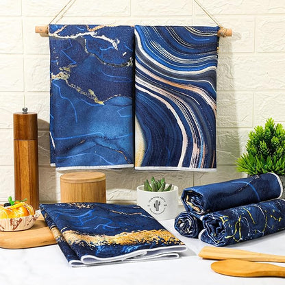 Boyiee 6 Pcs Marble Hand Towels Blue and Gold Towels Navy Blue Kitchen Towel
