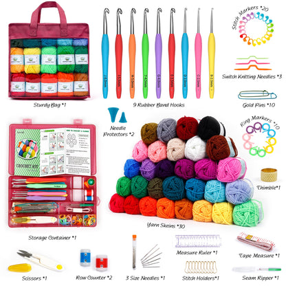 INSCRAFT Crochet Yarn Kit for Beginners Adults, Includes 1650 Yards 30 Colors Acrylic Skeins, User Manual, Hooks, Wine Bag etc, Make Amigurumi & Projects, Starter Set Professionals