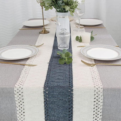 FEXIA Boho Blue Table Runner 108 Inches Long with Tassels Macrame Farmhouse Summer Style Graduation Party Rustic Wedding Baby Shower Dining Kitchen Living Room Decor (12x108 Inches)