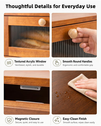 Natapai Wooden Bread Storage Box For Kitchen Countertops, Double-Layered Large-Capacity Bread Box With Acrylic Viewing Window And Cutlery Storage Box-Cherry Wood Color