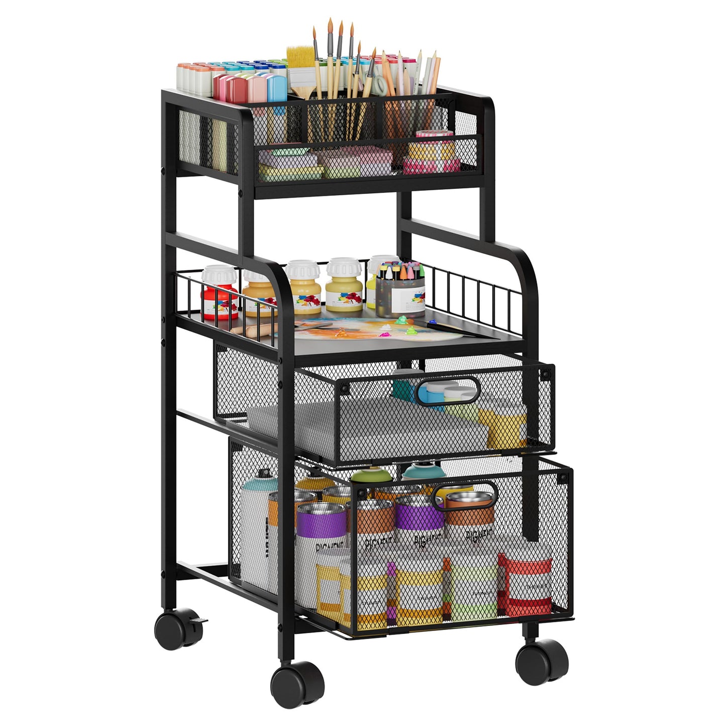 SWTYMIKI Rolling Cart with Drawers - Metal Craft Cart with Wheels, DIY Divider and Wood Shelf, Art Supply Organizer for Under Desk Storage, Utility Storage Cart for Home Office Studio, Black