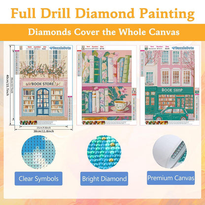 DAZZLEDOTS 3 Pack Diamond Art Kits for Adults, Pink Book Shop Diamond Painting Kits 5D Diamond Art Kits Bookstore DIY Full Drill Paint by Diamonds Dot Book Gem Art for Home Wall Decor 12x16Inch
