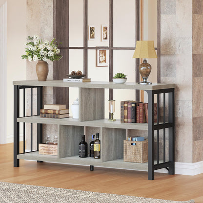 IBF Industrial Horizontal Bookshelf, Modern 5 Cube Storage Organizer Open Shelf, Low Wide Cubby Bookcase for Home Office Living, Wooden Metal Short Book Shelf Bedroom Storage, Light Grey Oak, 47 Inch