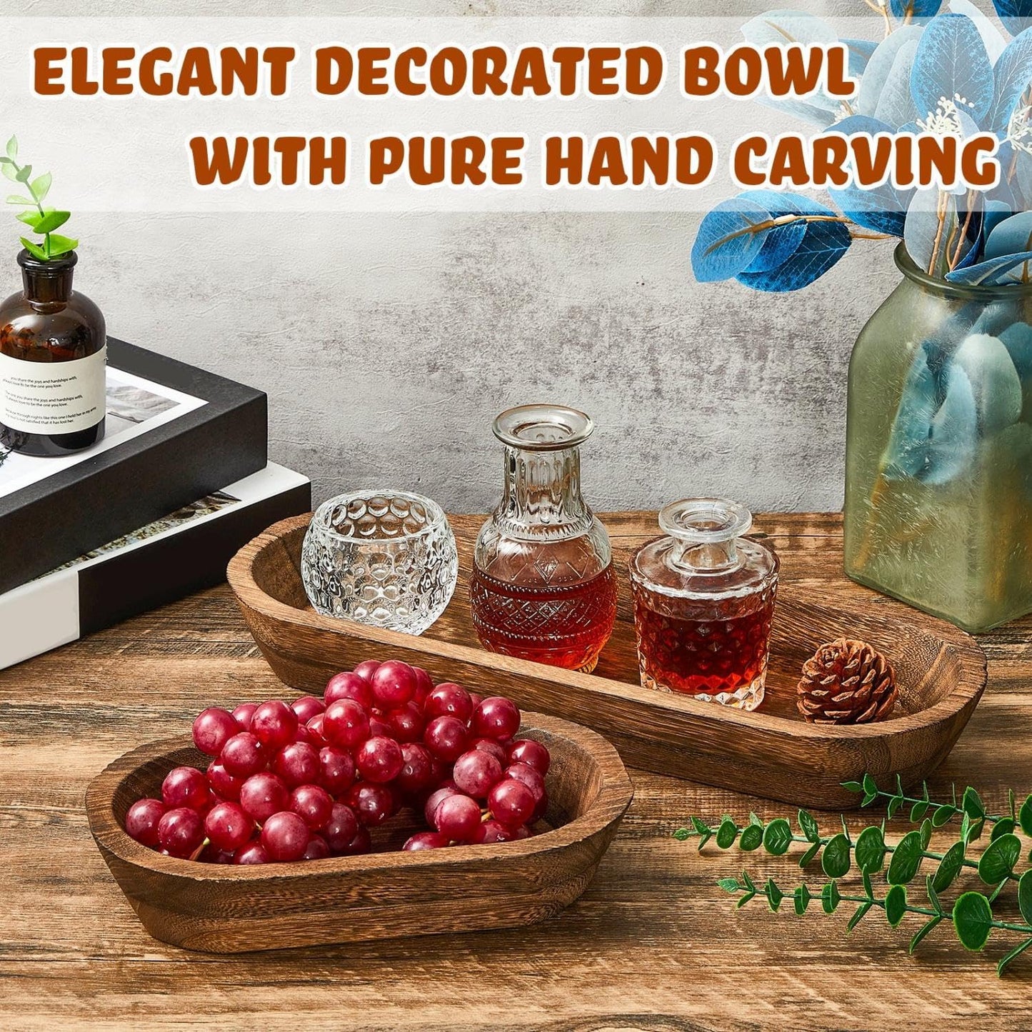 Wooden Dough Bowl Set of 2, Dough Bowls for Decor, Handmade Rustic Centerpiece for Farmhouse Table Decor, Natural Wood Display Tray for Coffee Table(10 x 6 x 2 Inch, 16 x 6 x 2 Inch,Brown)
