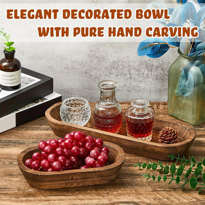 Wooden Dough Bowl Set of 2, Dough Bowls for Decor, Handmade Rustic Centerpiece for Farmhouse Table Decor, Natural Wood Display Tray for Coffee Table(10 x 6 x 2 Inch, 16 x 6 x 2 Inch,Brown)