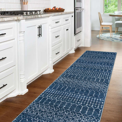 Lahome Moroccan Washable Kitchen Runner 2x8 Carpet Runners for Hallway 8Ft Low-Profile Non-Slip, Indoor Geometric Print Distressed Rug for Entryway Laundry Room Foyer Hana, Blue
