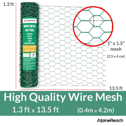 AlpineReach Chicken Wire 1.3ft x 13.5ft Fencing for Poultry, Crafts, Floral Arrangements, Zip Ties - Green Mesh Roll Galvanized Hexagonal PVC Coated Garden Netting for Gardening Fence (15.6" x 162")