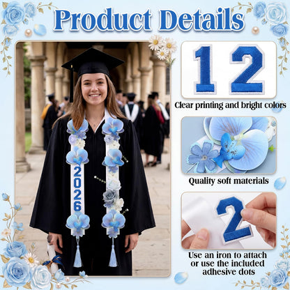 CrystalSylara Graduation Leis Class of 2026 Artificial Flower Sash with 20 Sheets Number Iron on Patches DIY Grad Floral Lei Necklace for High School College Senior Grad Gifts Party Supplies(Blue)