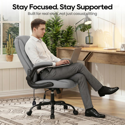MALOL Leather Office Chair, Computer Desk Chair with Adjustable Lumbar Support, Thick Cushion, Flip-Up Arms and Ergonomic Back, Comfy Executive Office Chair for Home Office Gaming,Grey