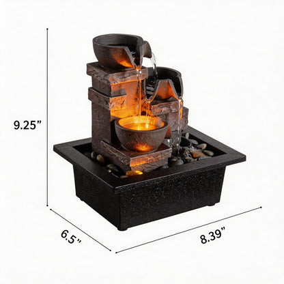 MAOCHI Indoor Fountain 3-Bowl Rockery Soothing Sound Tabletop Fountains Home/Office Decor with Natural River Rocks LED Lights Automatic Watering Pump(22044A)