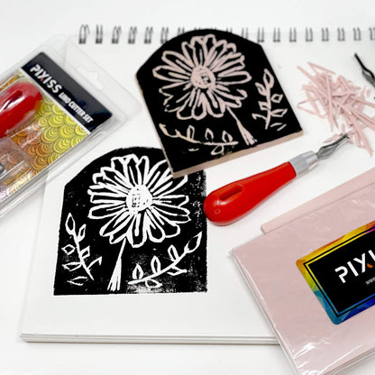 Stamp Pads for Rubber Stamps 5-Pack (6x4) and Rubber Stamp Carving Tools - Block Printing Kit by Pixiss - Rubber Block Stamp Maker Printmaking Supplies