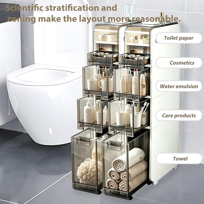 BGYMF Ultra Thin 4-Tier Slim Bathroom Storage Cabinet, Slim Cabinet for Bathroom, Narrow Rolling Cart with Wheels, White Plastic Organizer for Small Space, Kitchen, Laundry, Living Room, Corner