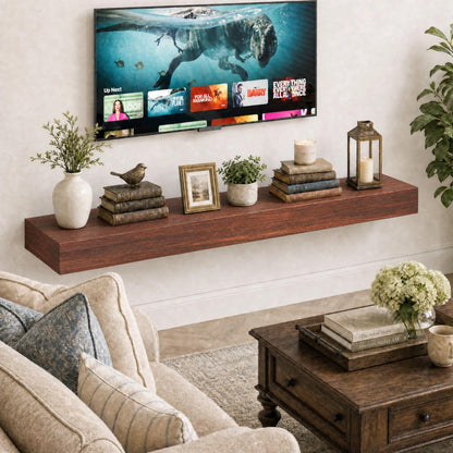 SAUMONIERES Fireplace Mantel Shelves 48 Inch Solid Wood Wall Mounted Long Floating Shelf Hollow, Brown